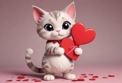Cute kitten holding heart on a pastel background