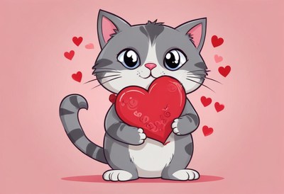 Cute cat holding a heart on a pink background