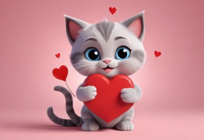 Cute cat holding a heart on a pink background