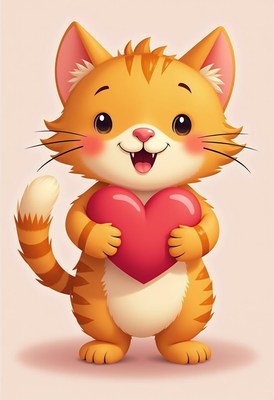 Cute orange kitten holding a red heart with joy