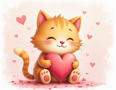 Cute orange kitten holding a heart surrounded by hearts