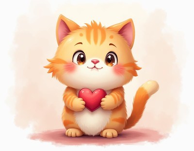Cute orange kitten holding a heart in a warm setting