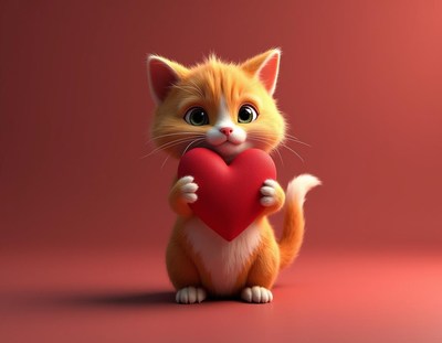 Cute orange cat holding a red heart in a warm setting