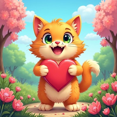 Cat holding heart in colorful spring garden