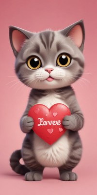 Cute gray kitten holding a red heart on a pink background