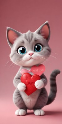 Cute gray kitten holding a red heart on pastel background