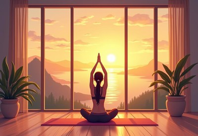 Sunset yoga practice with mountain view and tranquility
