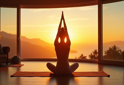 Morning yoga practice at sunrise with a scenic backdrop