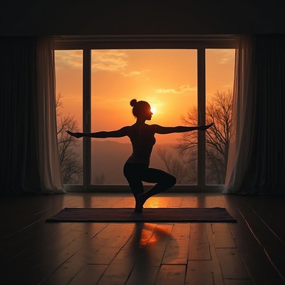 Silhouette of a woman practicing yoga at sunset