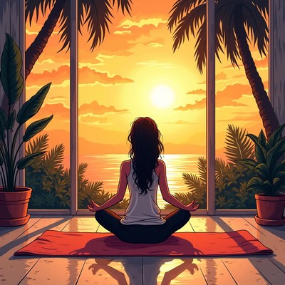 Woman practicing meditation at sunset near ocean