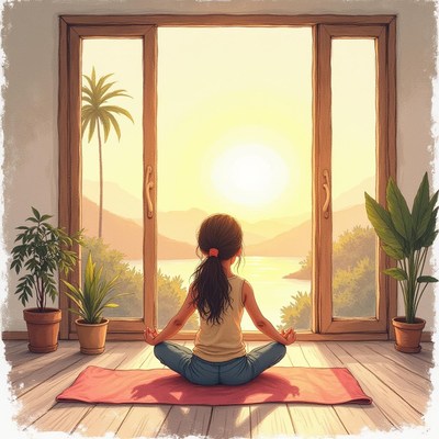 Meditation at sunrise with mountain view in background