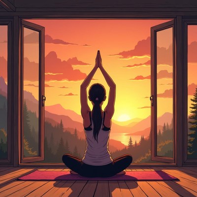 Sunset yoga practice with mountain view