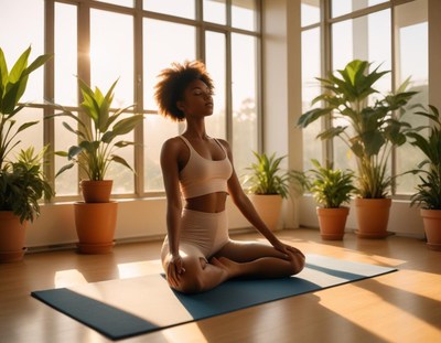 Woman practicing yoga in a sunlit indoor space