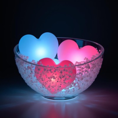 Colorful heart-shaped lights in a decorative bowl