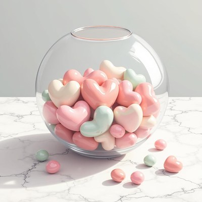 Colorful heart-shaped candies in a glass bowl