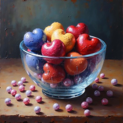 Colorful heart-shaped candies in a glass bowl