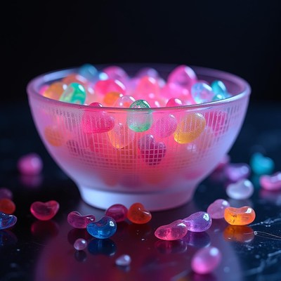 Jelly candies in a clear bowl on a dark surface