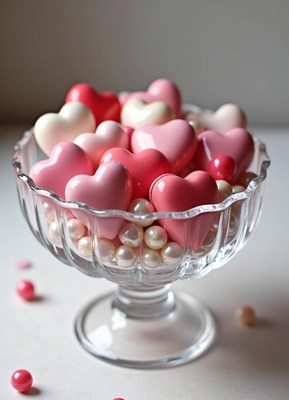 Heart-shaped candies in a glass bowl for decoration