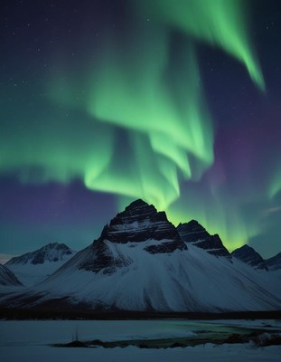 Majestic aurora lights dance over mountain peaks at night