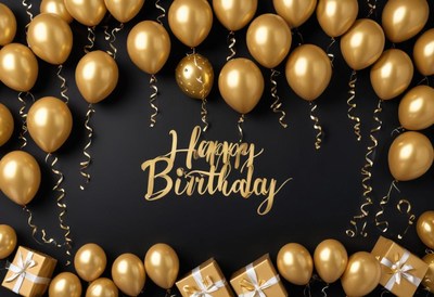 Birthday party with gold balloons and gifts!