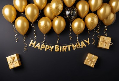 Festive golden balloons and gifts for a birthday celebration