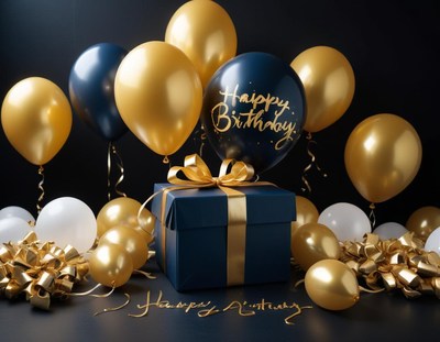 Happy birthday celebration with balloons and a gift