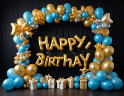 Bright birthday decor with blue and gold balloons