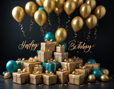 Birthday celebration with golden balloons and gifts