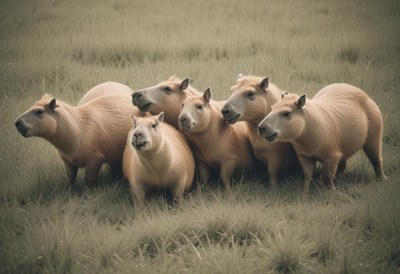 Group of capybaras gathered in a grassy field