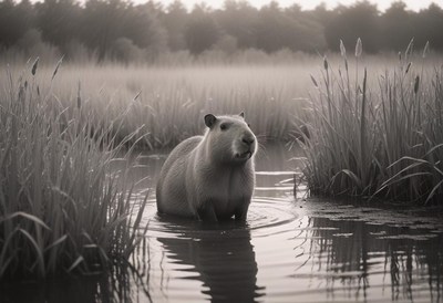 Capybara wades through calm water in grassy wetland