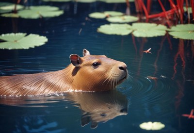 Capybara swimming in calm waters surrounded by lily pads