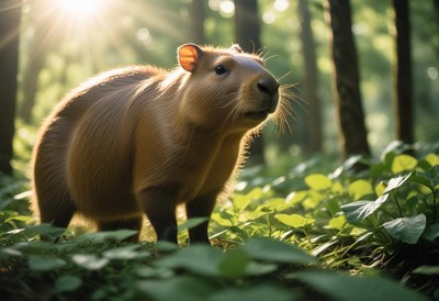Capybara in a lush forest during golden hour light