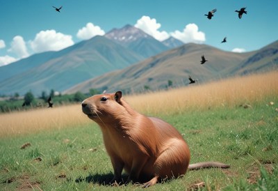 Capybara in a serene natural setting under blue sky