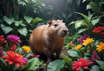 Capybara exploring vibrant flowers in tropical setting