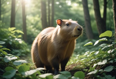 Capybara exploring a lush forest in soft morning light
