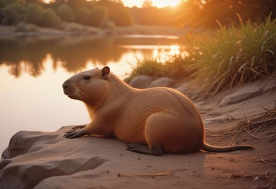 Capybara resting by the river at sunset in nature