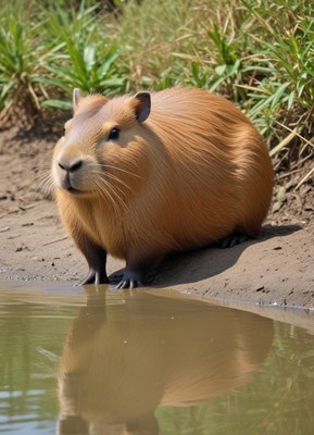 Capybara relaxes by the calm water in a natural setting