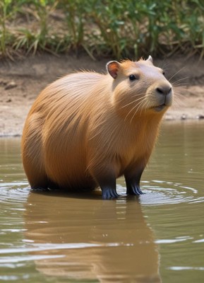 Capybara standing in calm water at a natural habitat