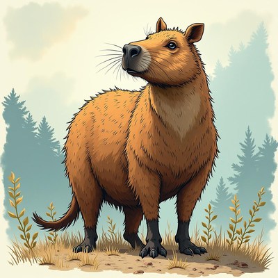 Capybara standing in a grassy area near a forest