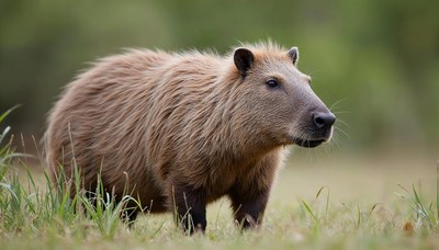 Capybara walking through grassland in the wild