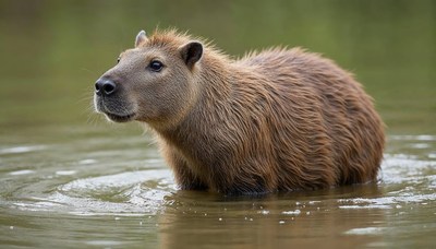 Capybara wades through calm waters in natural habitat