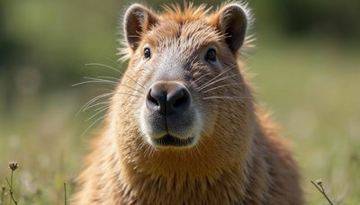 Capybara resting in a grassy field under the sun