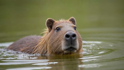 Capybara swimming in calm water on a sunny day