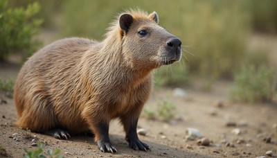 Rodent resting on sandy ground in natural habitat
