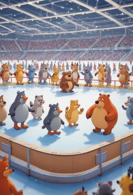 Animated bears ice skating at a lively indoor rink