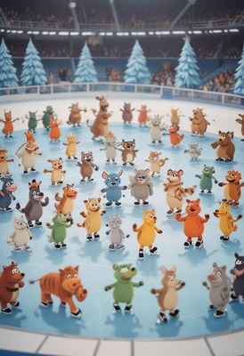 Animals skating joyfully on ice in a winter setting