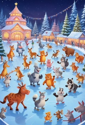 Animals ice skating in a winter wonderland at night