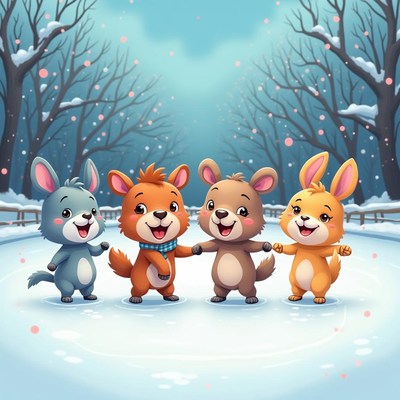 Happy animals playing together in winter wonderland