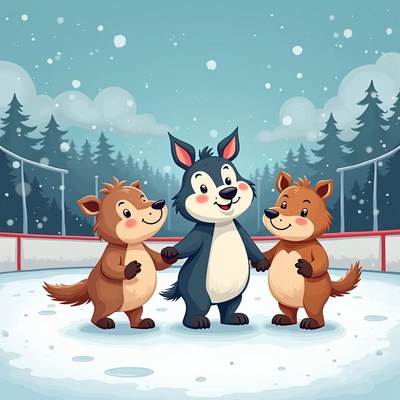 Cute cartoon animals skating on ice in winter wonderland