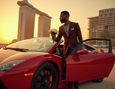 Luxury sports car parked under sunset at urban location